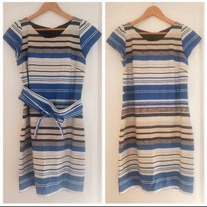 YOUR FACE linen-cotton stripe beige blue white black lined dress w belt size 6